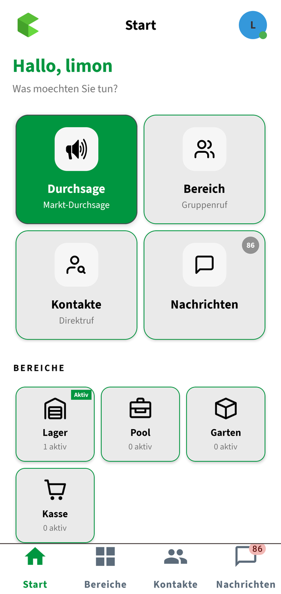 QMessage-Startbildschirm mit den Kacheln Durchsage, Bereiche, Kontakte und Nachrichten.