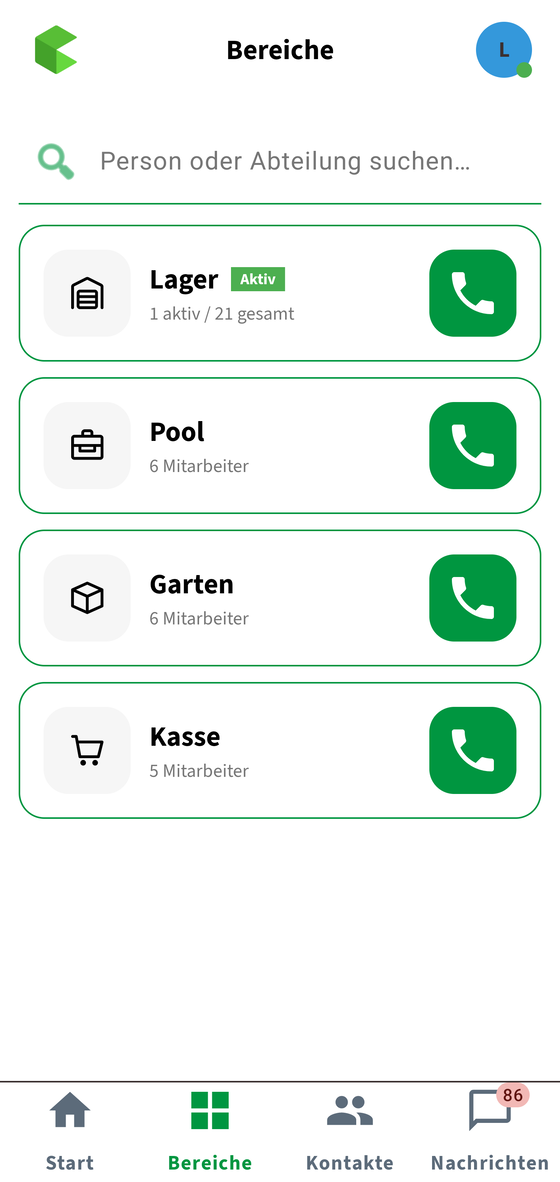 Bereichsübersicht in QMessage mit den Bereichen Lager, Pool, Garten und Kasse.