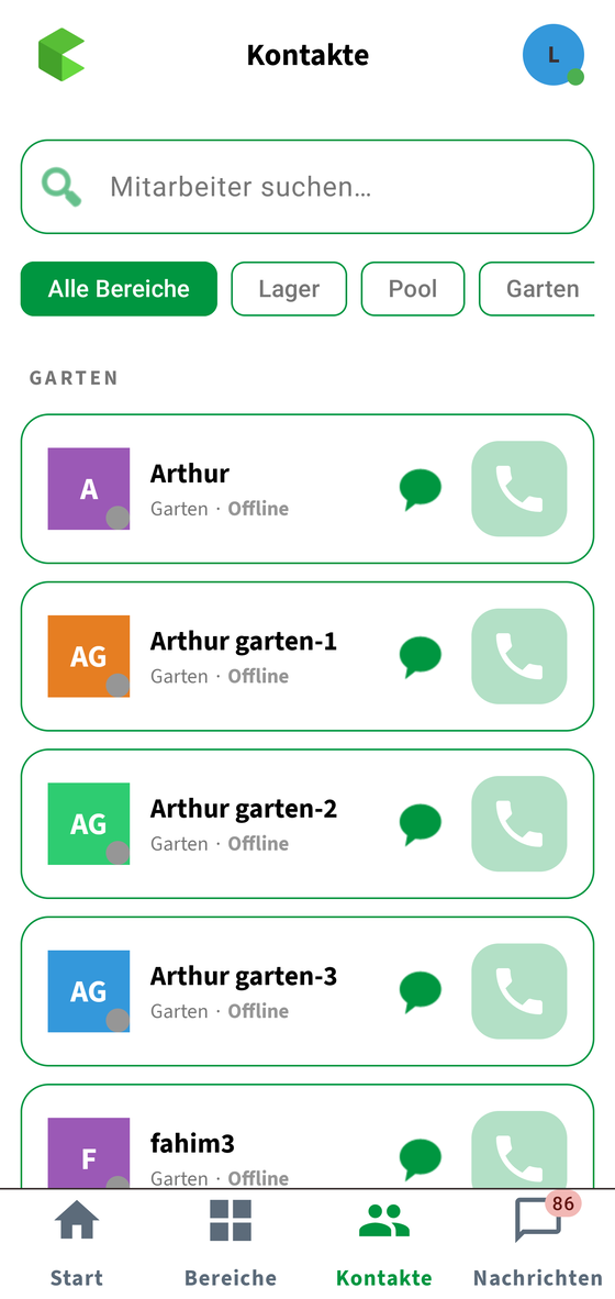 Kontaktliste in QMessage mit Anwesenheitsstatus der Kolleginnen und Kollegen.
