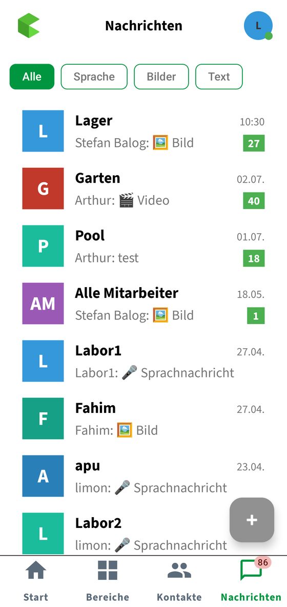 Nachrichtenübersicht in QMessage mit Sprach- und Textnachrichten.